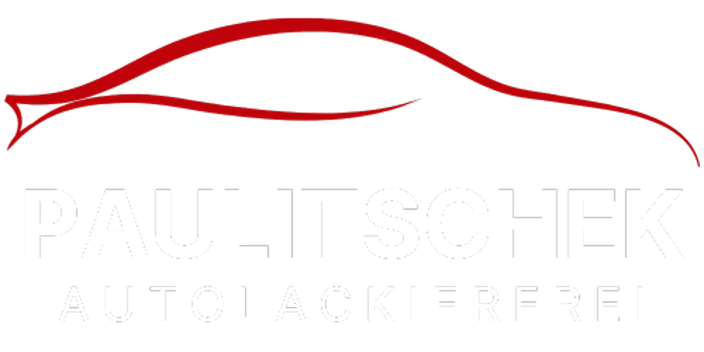 Roter Autoumriss über weißem Text "PAULITSCHEK AUTOLACKIEREREI" auf grünem Hintergrund.