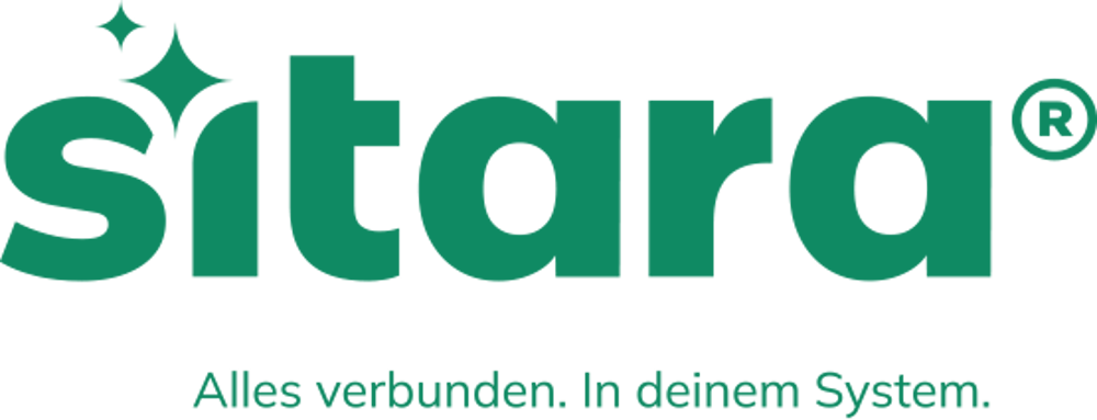 Sitara Logo mit Schriftzug "Die Software für den Handel" und Pfeilsymbol.