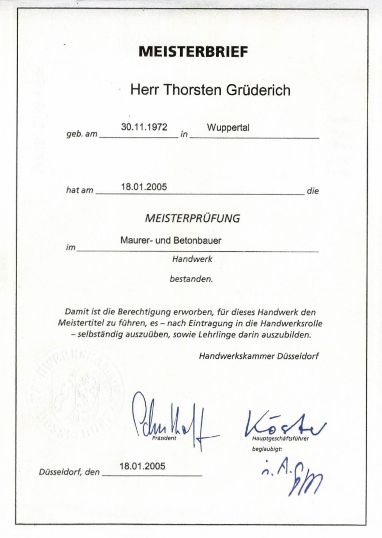 Meisterbrief Maurer- und Betonbauerhandwerk, HWK Düsseldorf 2005