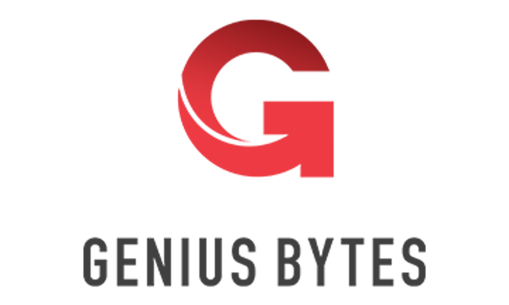 Rotes "G" Logo über grauem Text "GENIUS BYTES" auf grünem Hintergrund.
