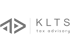 Graues abstraktes Logo mit zwei ineinander verschlungenen Dreiecken, vertikaler Linie, "KLTS" und "tax advisory".