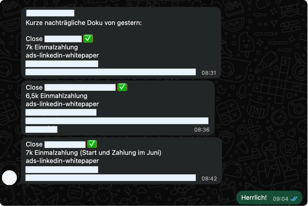 WhatsApp-Nachricht eines Kunden: 20.500 € Zahlungseingang an einem Tag, alles aus den Vertriebsberatungen
