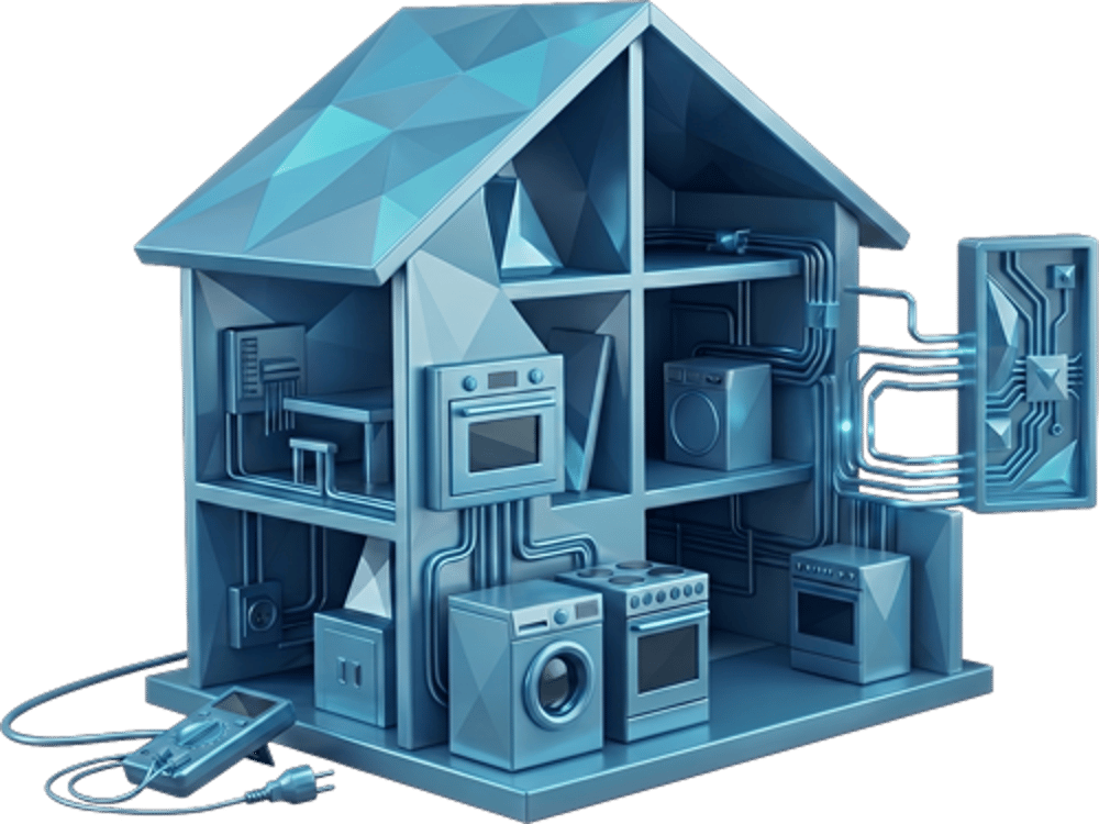 Blaues 3D-Hausmodell mit sichtbarer Verkabelung, Elektrogeräten und einer Leiterplatte für Smart Home Technik.