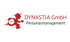 Rotes Logo mit rennender Figur, die eine Uhr trägt, daneben „DYNASTIA GmbH Personalmanagement“.