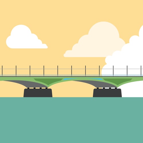 Illustration der Kennedybrücke in Bonn mit grünen Bogen über dem Rhein
