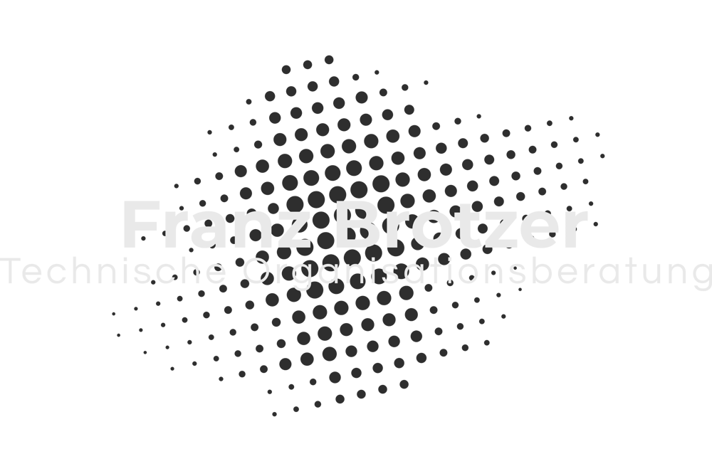 Weißer Text "Franz Brotzer Technische Organisationsberatung" auf dunkelgrünem Hintergrund mit punktiertem Muster.