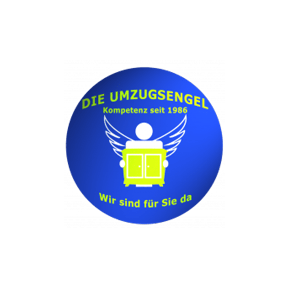 Blaues Logo "DIE UMZUGSENGEL Kompetenz seit 1986", weiße Figur mit Flügeln hält gelben Schrank, "Wir sind für Sie da".