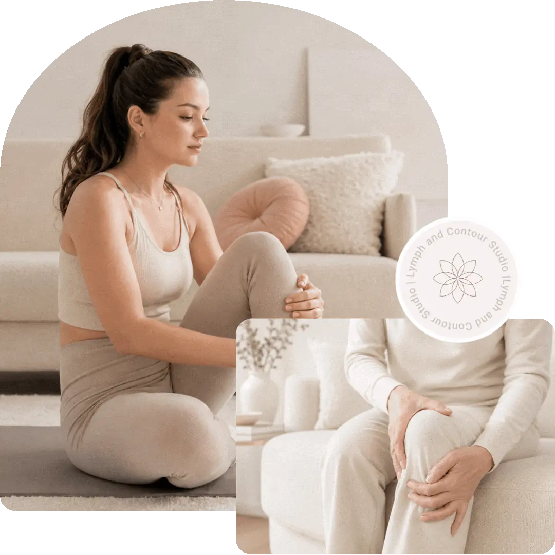A woman in beige activewear holds her knee on a yoga mat next to the Lymph and Contour Studio logo.