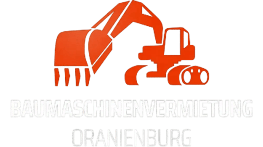 Oranger Bagger über schwarzem Text "BAUMASCHINENVERMIETUNG ORANIENBURG"