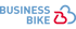 BUSINESS BIKE Logo mit blauem Text und einem stilisierten roten Fahrradsymbol vor einem größeren blauen Umriss.
