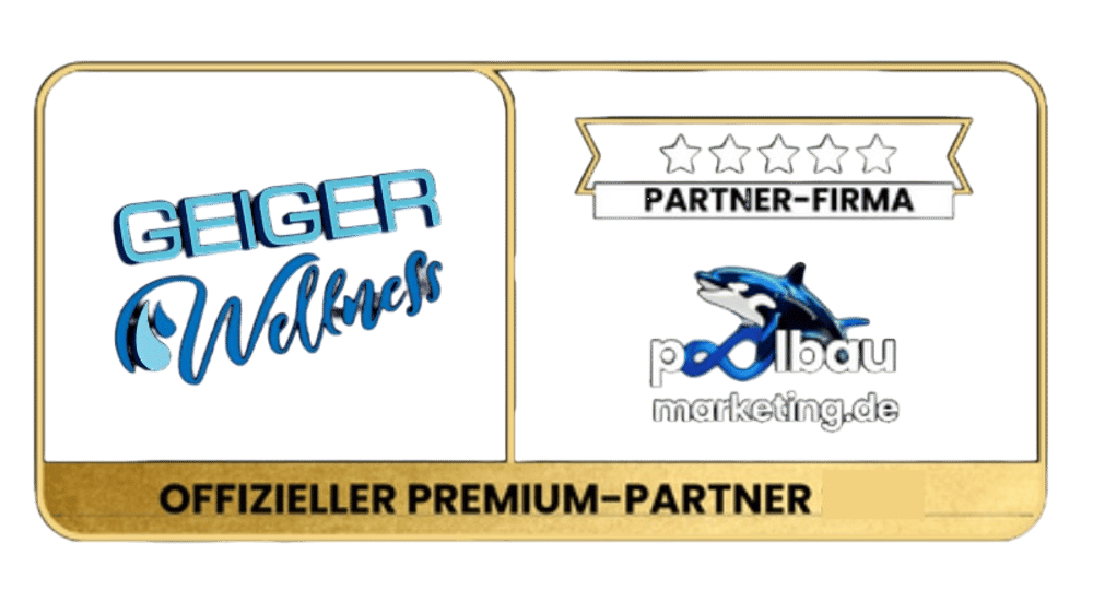 Geiger Wellness Logo, Partner-Firma mit 5 Sternen, ProBlau marketing.de Logo, Text Offizieller Premium-Partner auf goldfarbenem Banner.