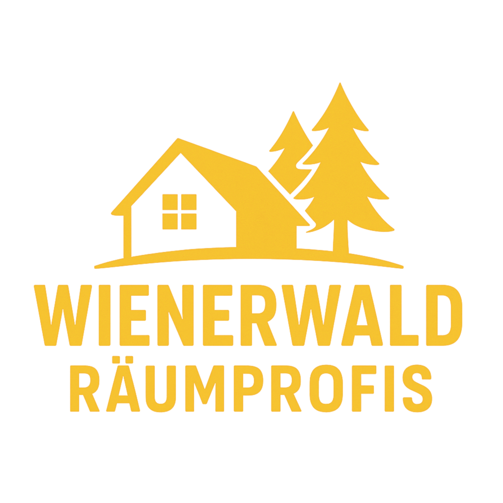 Goldene Silhouette eines Hauses und zwei Tannenbäumen über dem Text "WIENERWALD RÄUMPROFIS" auf grünem Hintergrund.