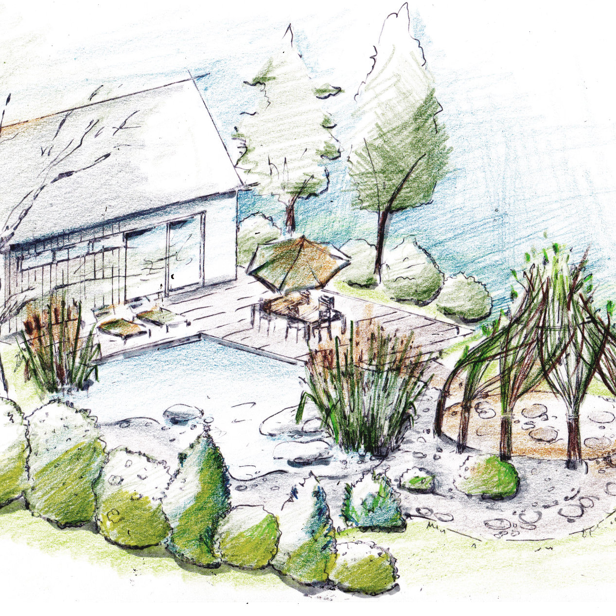 Handgezeichnete Gartenplanung mit Teich und Terrasse – Gartenplanung von Garten Pfleger