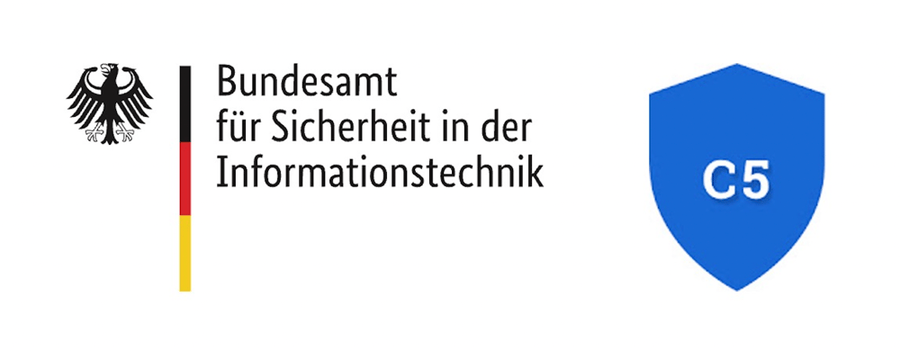 Logo Bundesamt für Sicherheit in der Informationstechnik mit C5-Siegel.