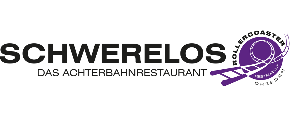 Schwerelos Das Achterbahnrestaurant Logo mit lila Achterbahn-Symbol.