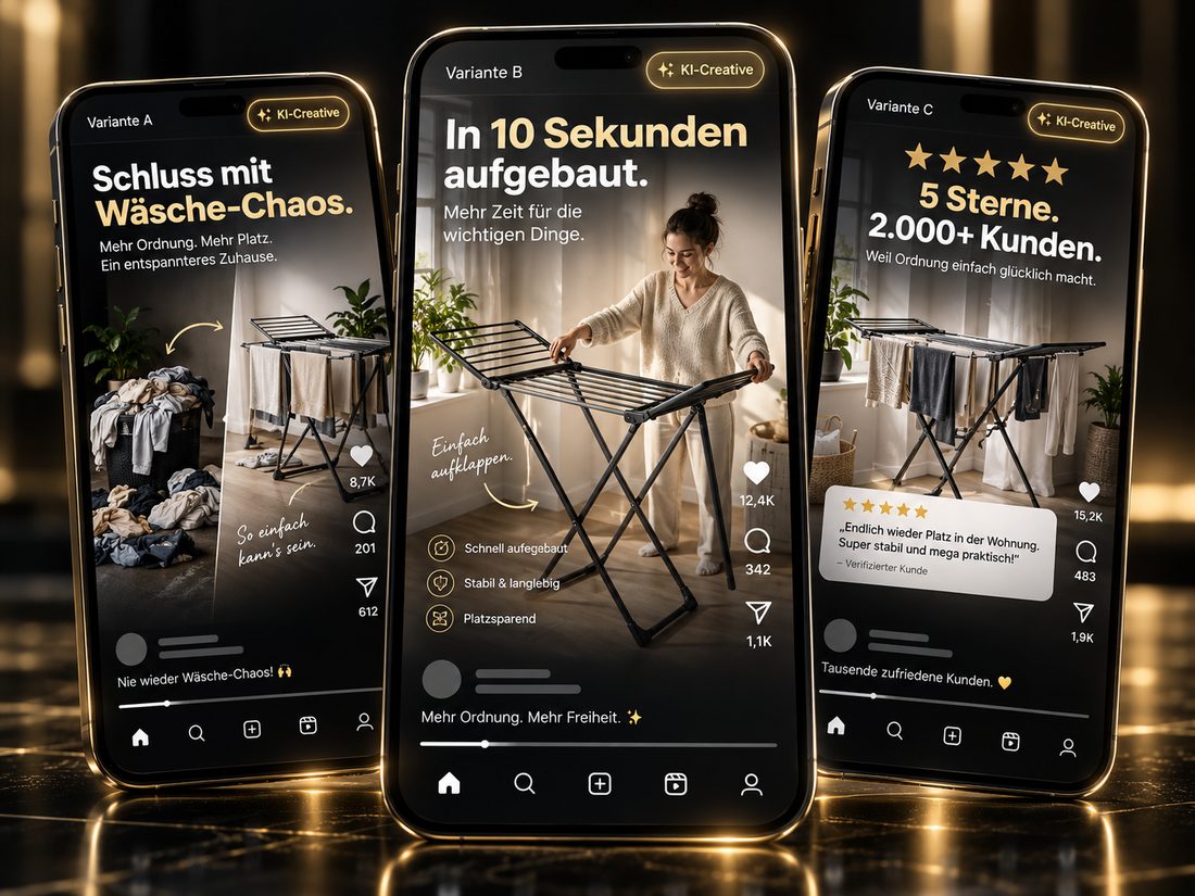 Drei Smartphones mit KI-erstellten Werbeanzeigen in drei Varianten