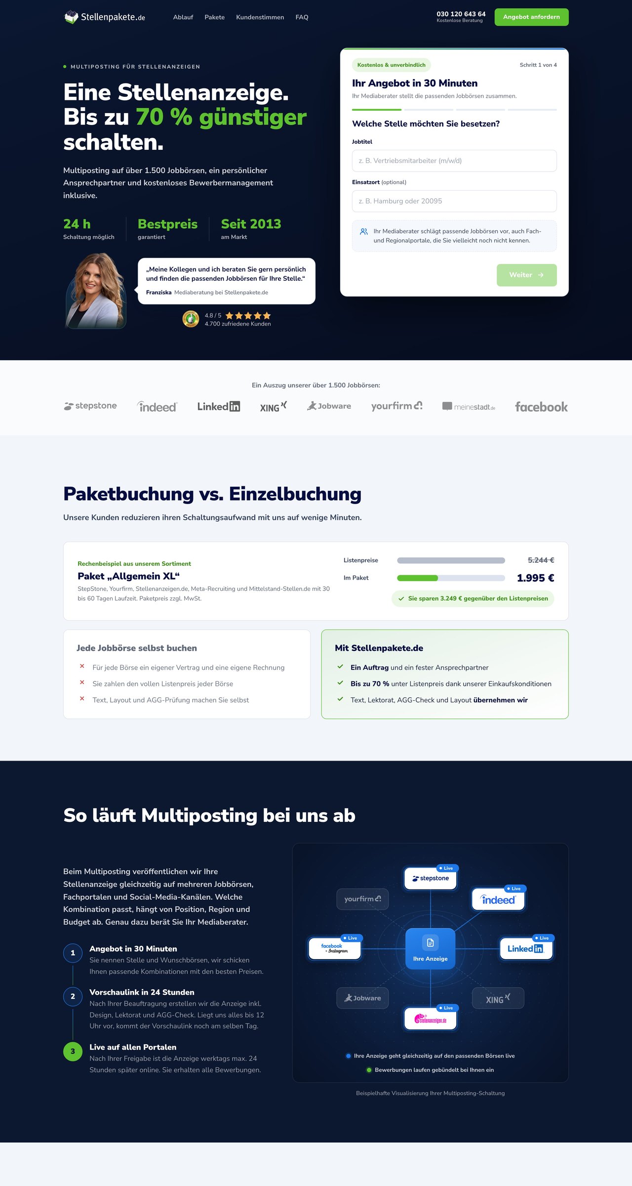 Stellenpakete.de website, first three screens