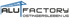 Logo der Alu Factory Ostingersleben UG mit einer blauen Terrassenüberdachung über dem grauen Schriftzug auf schwarzem Grund.
