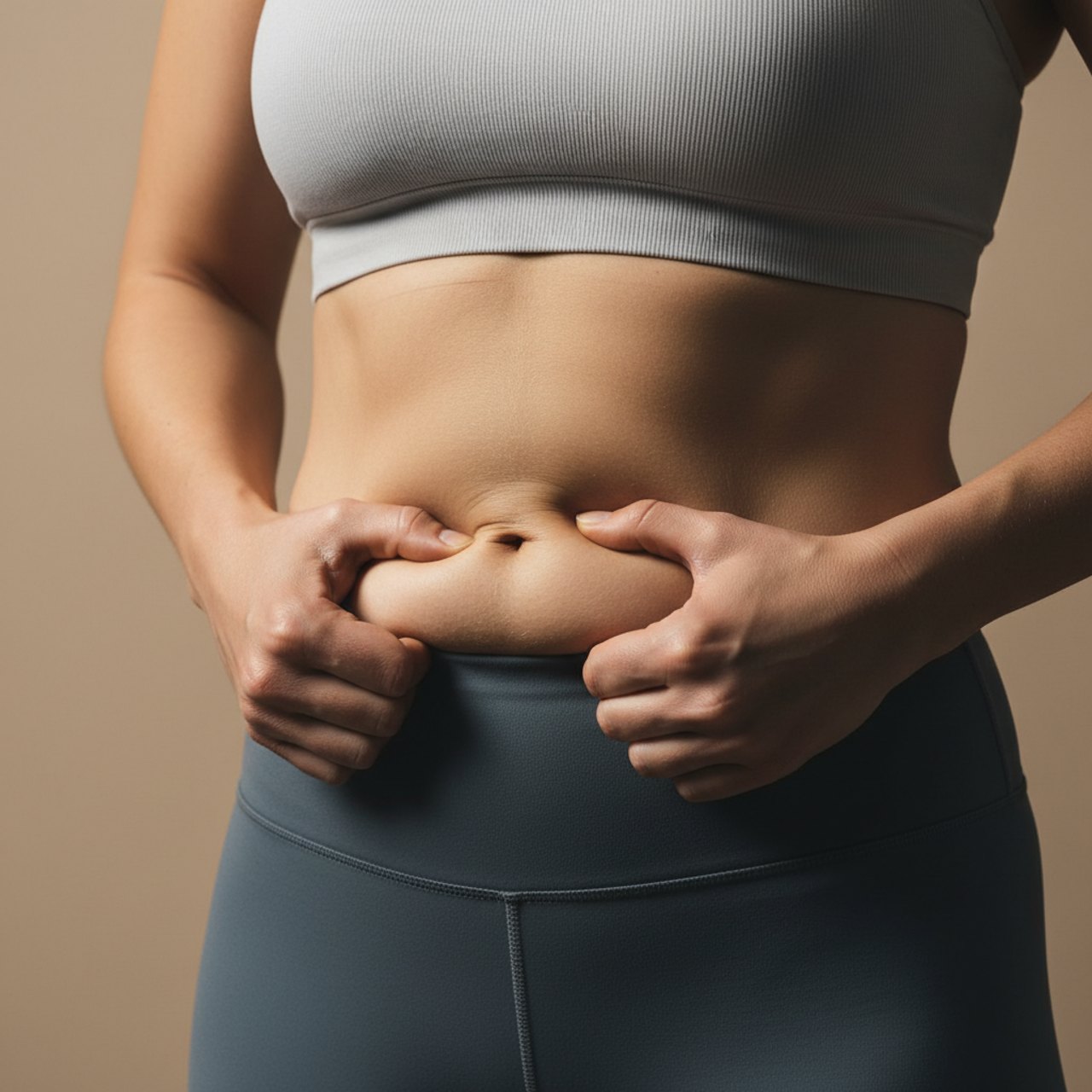 Frau kneift Fettpolster am Bauch