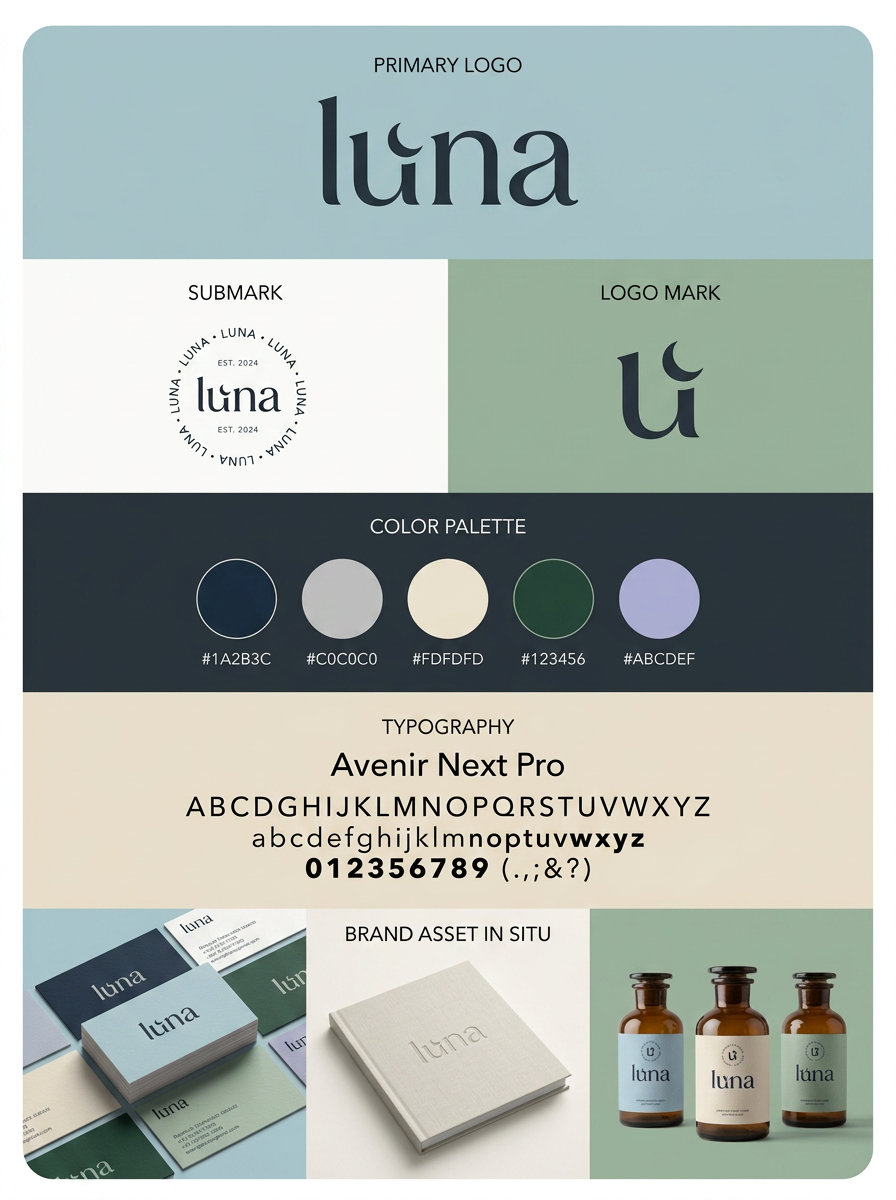 Marken-Board mit Wortmarke, Submark, Farbpalette, Typografie und Anwendungsbeispielen