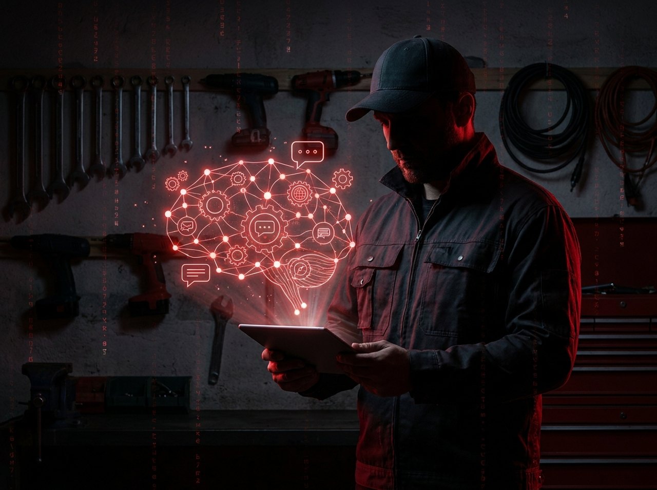 Handwerker mit Tablet und KI-Visualisierung – KI-Beratung für Betriebe