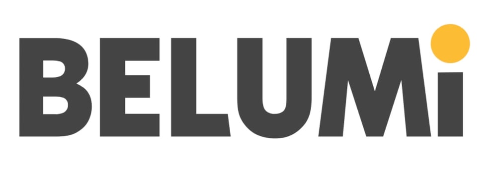 BELUMI Logo mit gelbem Punkt anstelle des "i"-Punkts.