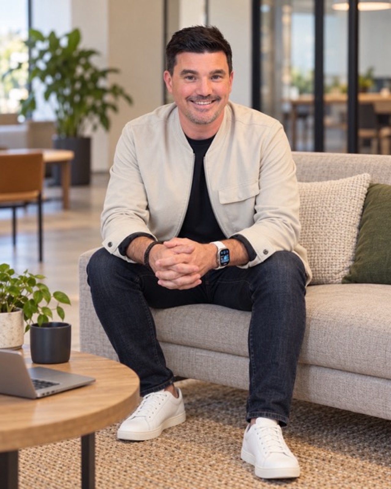 Tim Christopher Gasse sitzt entspannt auf einem Sofa im NEOP-Büro