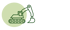 Grüne Linienzeichnung eines Baggers auf Ketten vor einem hellgrünen Kreis auf schwarzem Hintergrund.