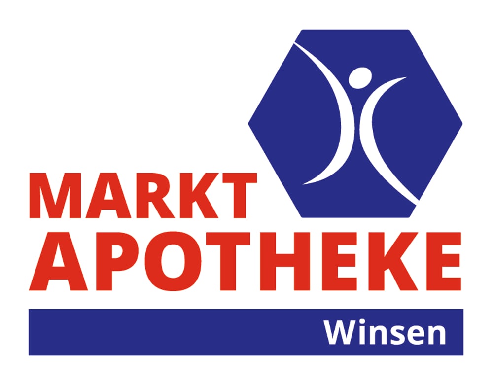 Logo der Markt Apotheke Winsen mit stilisiertem menschlichem Symbol in einem blauen Sechseck.