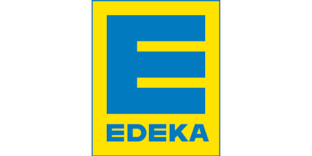 Blaues Edeka-Logo mit gelbem Rand und blauem "EDEKA"-Schriftzug.