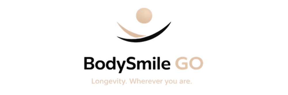 BodySmile GO Logo mit einem abstrakten Symbol für Balance und Langlebigkeit in Form einer goldenen Kugel, die über zwei ineinandergreifenden Halbkreisen schwebt. 