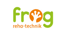 Grünes "frog" Logo mit orangefarbenem Froschfuß als "o" und orangefarbenem "reha-technik" Schriftzug darunter.