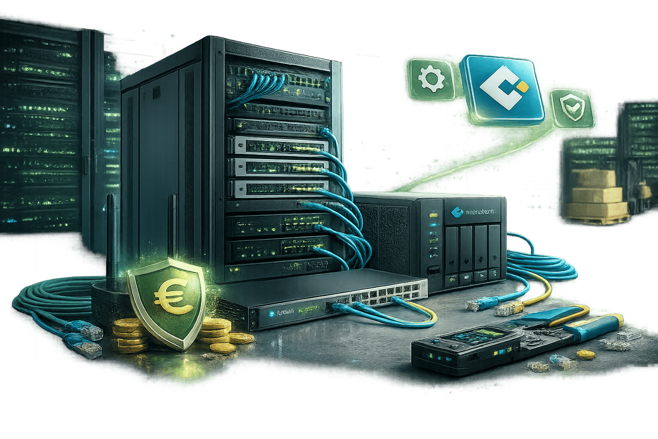 Server-Rack mit Netzwerkkabeln und NAS-System, daneben schwebende Software-Symbole als Sinnbild für den eigenen Server im Betrieb