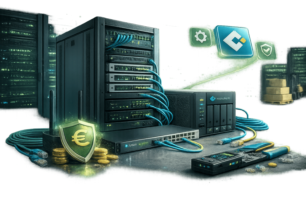 Server-Rack mit Netzwerkkabeln, NAS-System und Software-Symbolen für Netzwerk und Server im Büro