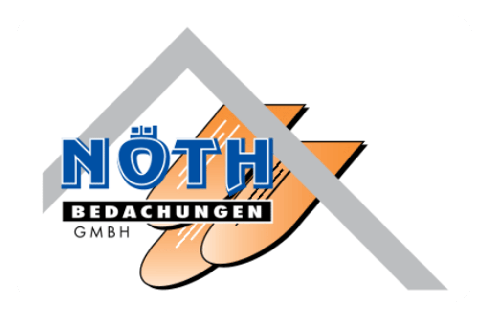 NÖTH BEDACHUNGEN GMBH Logo mit zwei orangen Dachziegeln und einem grauen Dachumriss.