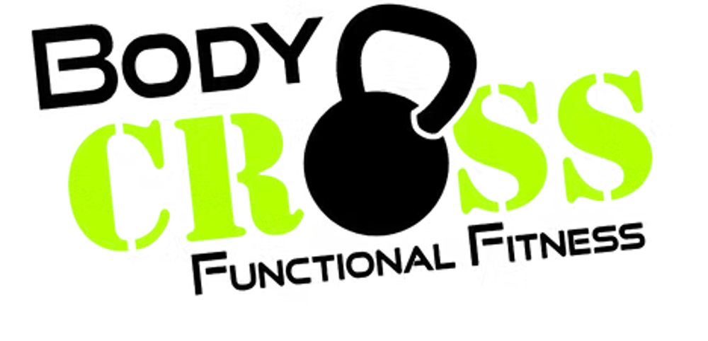 Schriftzug "BODY CROSS FUNCTIONAL FITNESS" mit einer schwarzen Kettlebell als "O" in "CROSS".