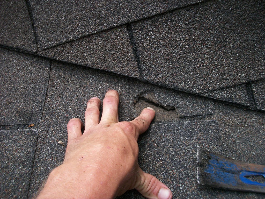 Hand lifting a shingle with a pry bar to check the course beneath it