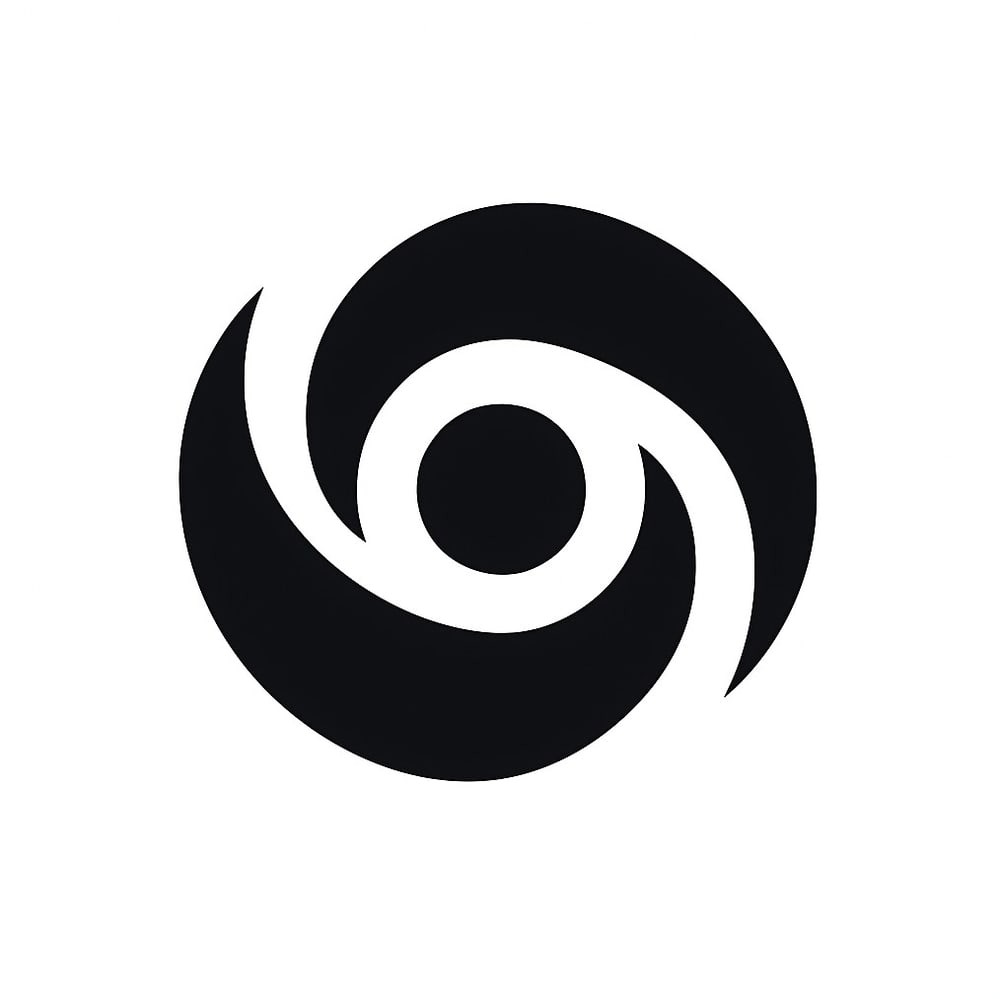 Schwarzer Wirbelwind-Kreis mit kleinerem Kreis in der Mitte, der einen Strudel oder ein Auge darstellt.