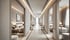 Moderne Hotelsuite mit King-Size-Bett und Panoramafenster, leerstehend.