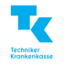 Blaues TK-Logo auf dunkelgrünem Hintergrund, darunter "Techniker Krankenkasse".