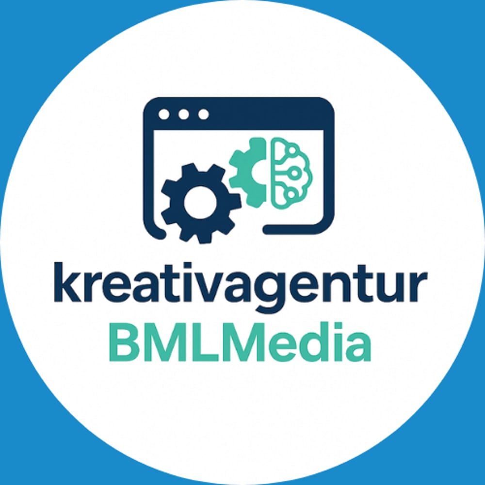 Logo: Browserfenster mit Zahnrad und Gehirn, Text "kreativagentur BMLMedia"