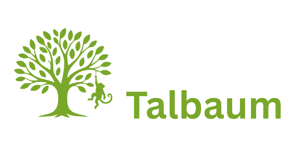 Green tree logo with a monkey swinging from a branch, next to the word "Talbaum".