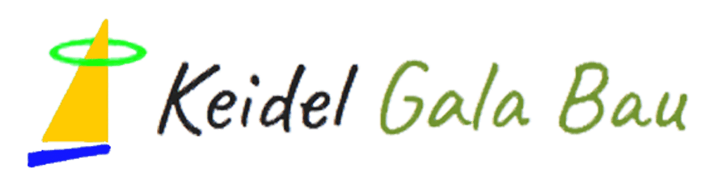 Keidel Gala Bau Logo mit gelbem Dreieck, blauem Balken und grünem Ring auf dunkelgrünem Hintergrund.