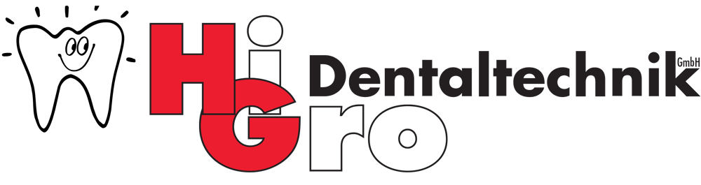 Logo der HiGro Dentaltechnik GmbH Hinrichs & Grove mit lächelndem Zahn-Symbol auf schwarzem Hintergrund.