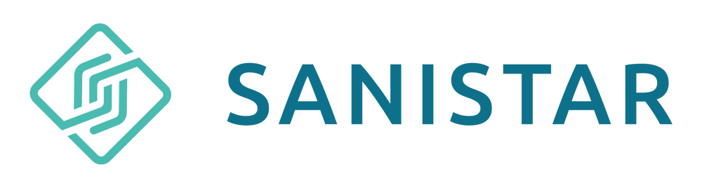 Logo der Sanistar Akademie mit ineinandergreifenden Linien in einem rautenförmigen Rahmen.