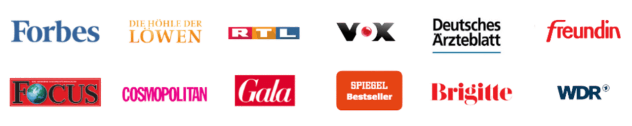 Logos von Forbes, Die Höhle der Löwen, RTL, VOX, Deutsches Ärzteblatt, freundin, FOCUS, Cosmopolitan, Gala, Brigitte und WDR