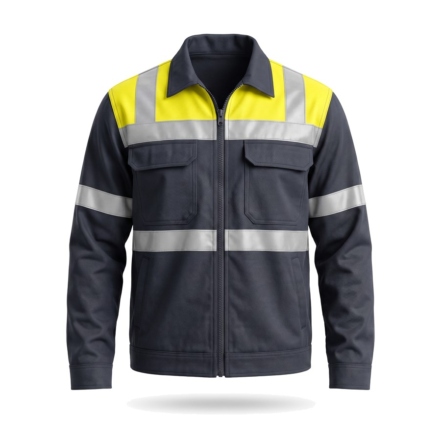 Dunkelblaue Arbeitsjacke mit Warnschutz-Elementen