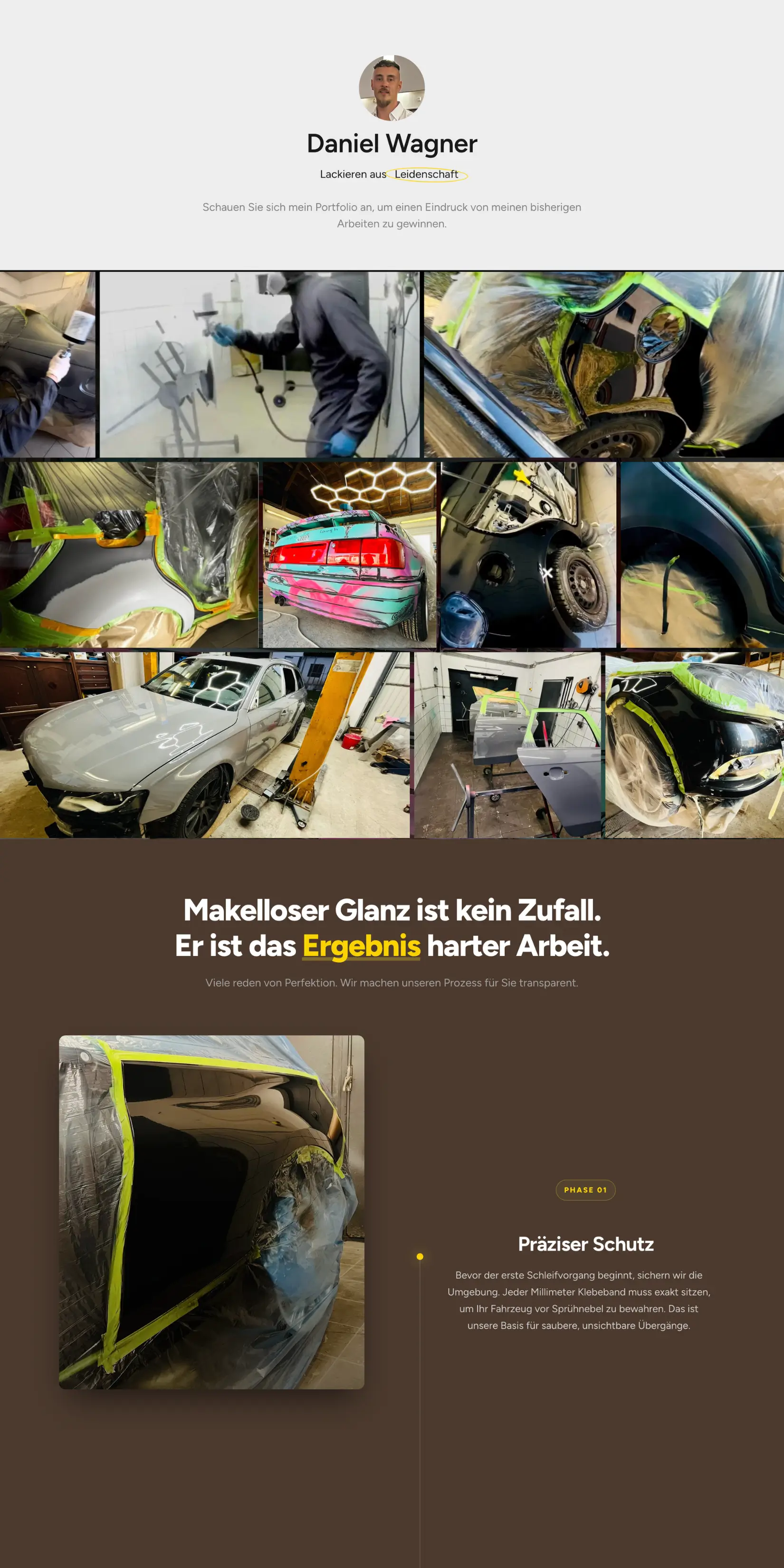 Portfolio-Galerie und Prozess-Design für professionellen Lackierer