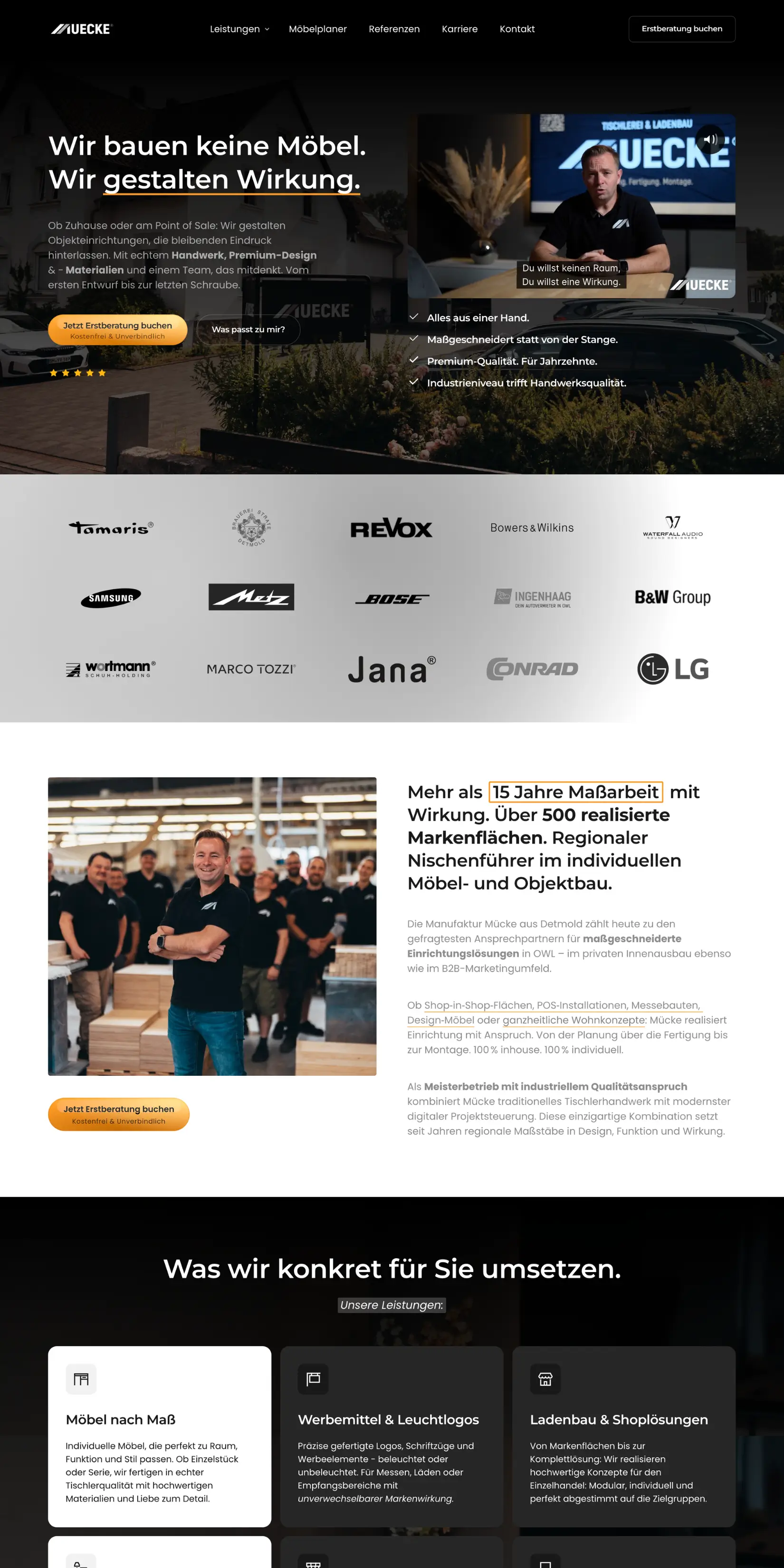 Premium Website Design für Ladenbau Manufaktur Mücke mit integriertem Video-Header