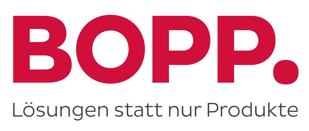 Red text "BOPP." with "Lösungen statt nur Produkte" below it, on a dark green background.
